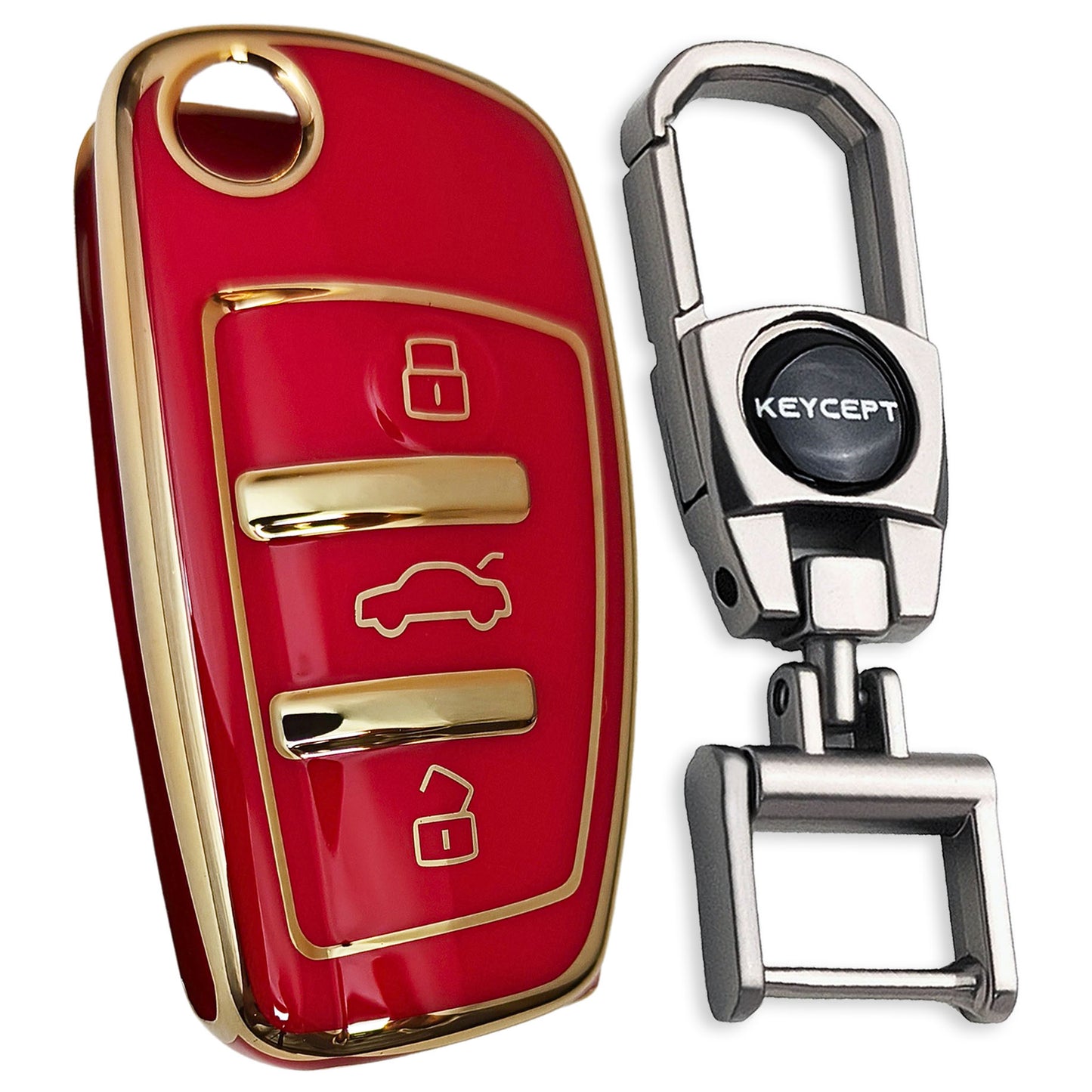 Red Gold Line TPU Key Cover for Audi A1, A3, A6, Q2, Q3, Q7, TT, TTS, R8, S3, S6, RS 3 button flip key With Keychain