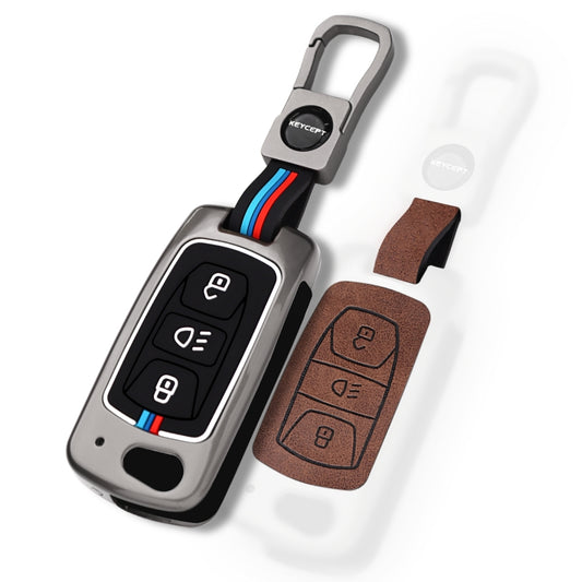 Keycept Metal Alloy Car Key Cover for Tata Tigor, Bolt, Nexon, Hexa, Zest, Tiago, Punch, Safari, Altroz, Storme 3 button Flip Key Cover with Keychain (Dual Black & Tan)