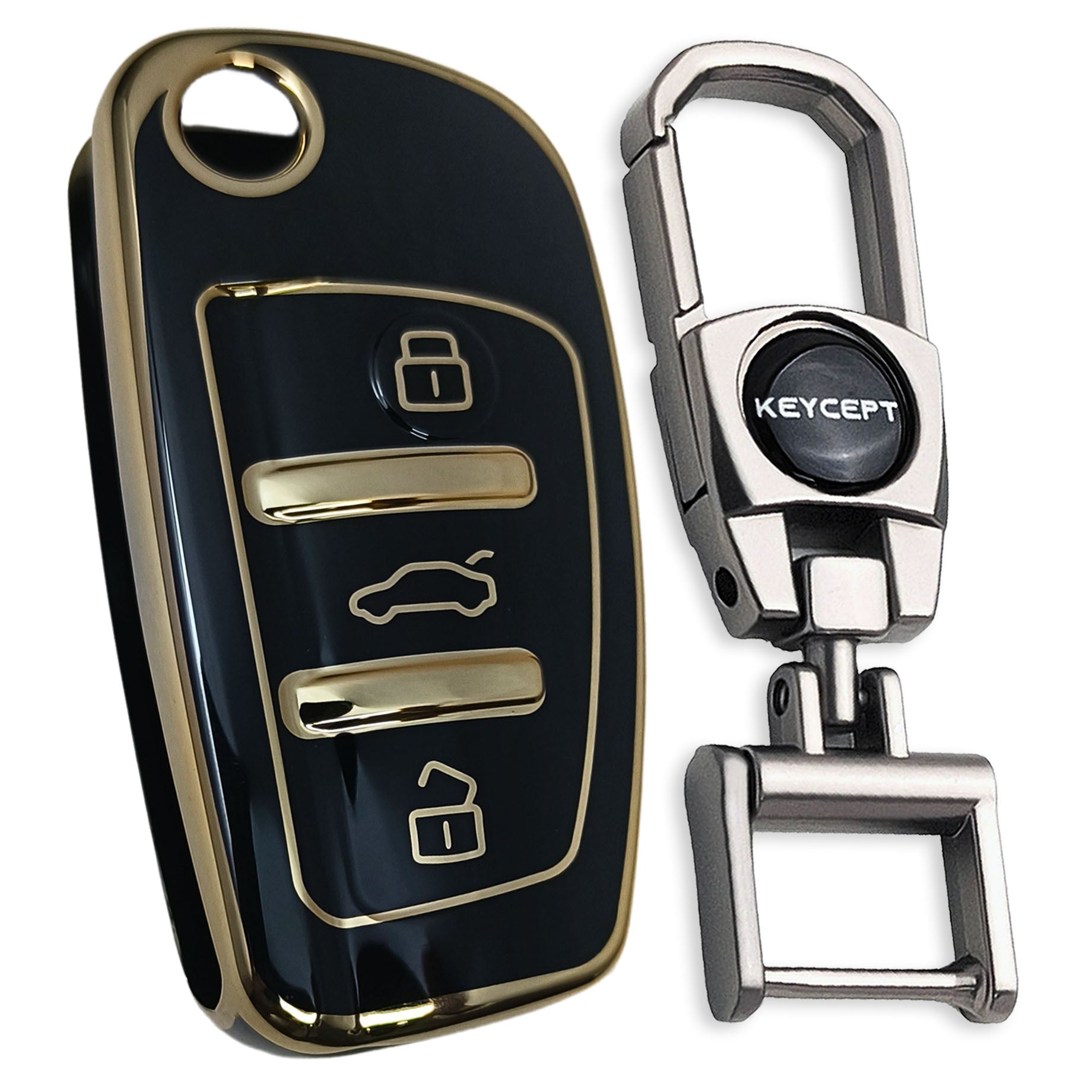 Black Gold Line TPU Key Cover for Audi A1, A3, A6, Q2, Q3, Q7, TT, TTS, R8, S3, S6, RS 3 button flip key With Keychain
