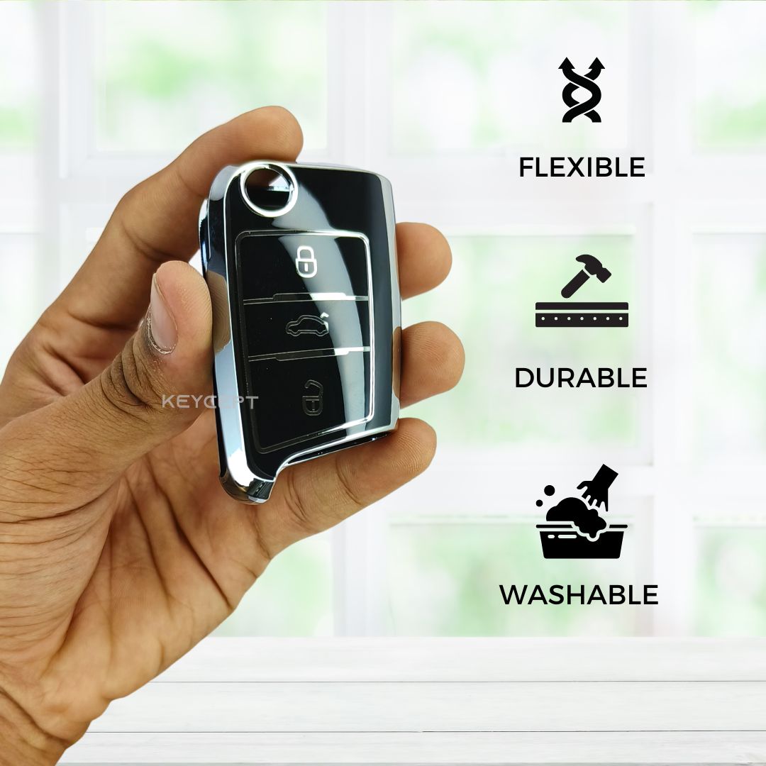 skoda kushaq octavia slavia kodiaq flip tpu black silver key case accessories keychain
