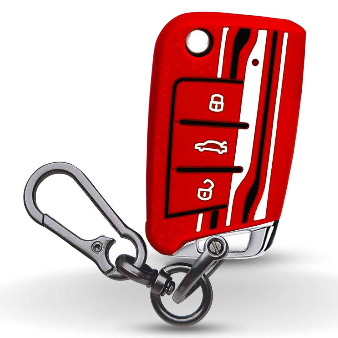 Keycept Tristar Silicone Car Key Cover for Skoda Kushaq, Octavia, Kodiaq, Superb, Slavia, Passat, Virtus, T Roc 3 Button Flip Key with Keychain (Type K1)