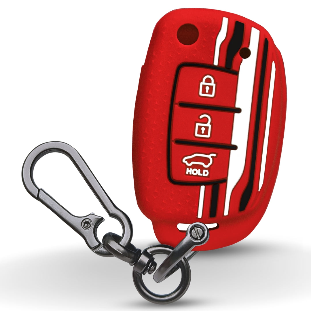 Keycept Tristar Silicone Car Key Cover for Hyundai Creta, Venue, Aura, i20, Grand i10 Nios, Xcent 3 Button Flip Key with Keychain (Type K1)