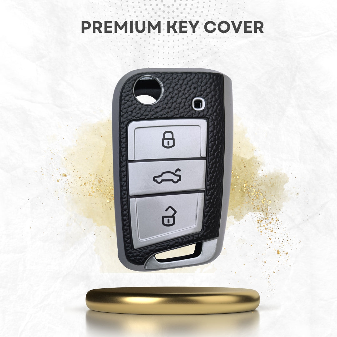 Skoda/Volkswagen TPU Leather Key Cover with Keychain. (Type 1)