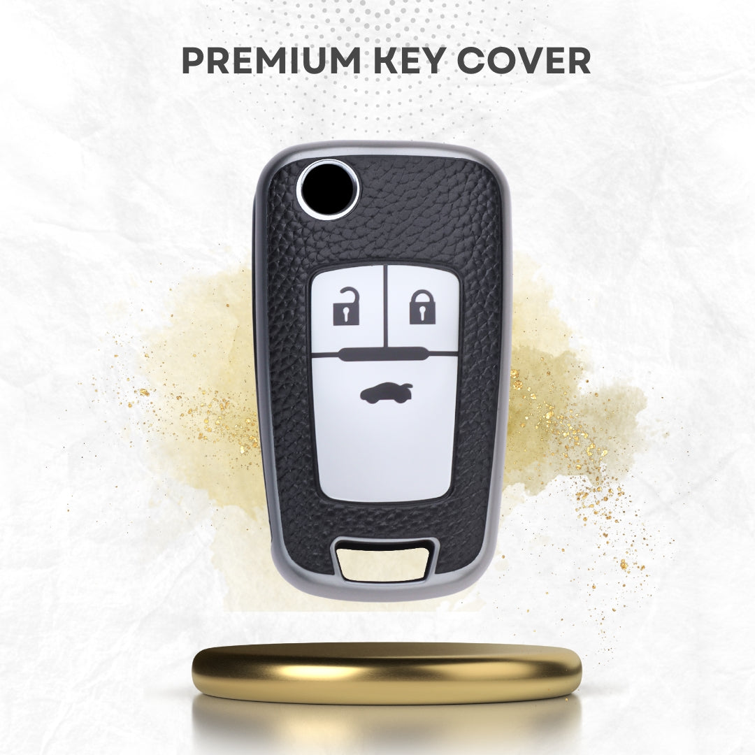 Keycept TPU Leather Car Key Cover for Chevrolet Cruze | Beat | Avio | Spark 3 Button Flip Key Only with keychain (Type K1)