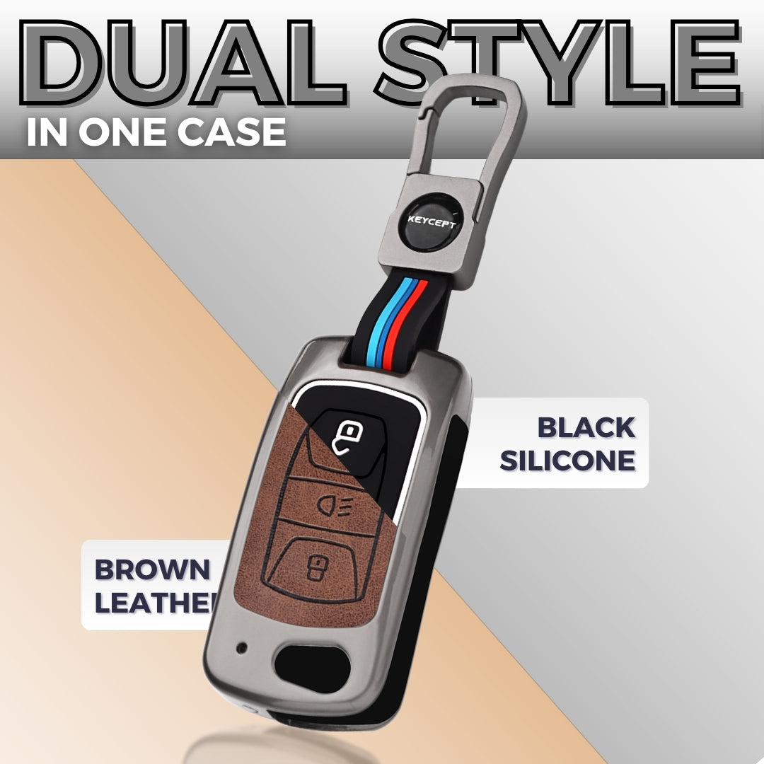 Keycept Metal Alloy Car Key Cover for Tata Tigor, Bolt, Nexon, Hexa, Zest, Tiago, Punch, Safari, Altroz, Storme 3 button Flip Key Cover with Keychain (Dual Black & Tan)