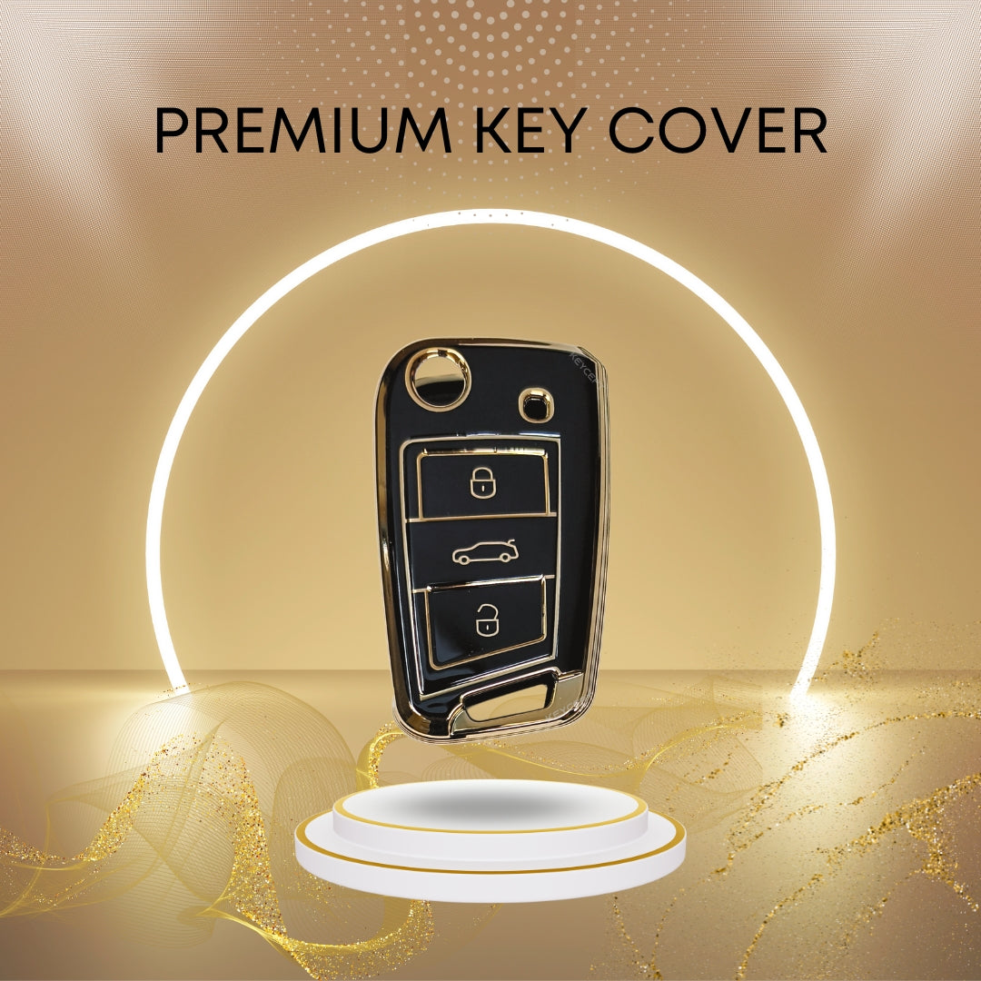 skoda kushaq octavia slavia kodiaq 3 button flip tpu black gold key case keychain