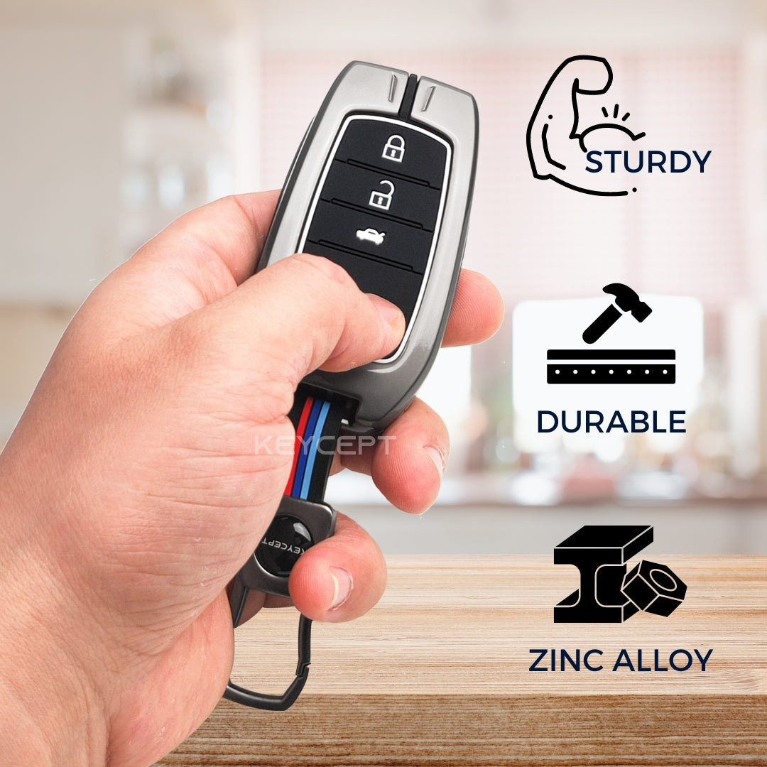 Keycept Metal Alloy Car Key Cover for Toyota Fortuner, Hilux, Innova Crysta, Legender, Innova HyCross, Land Cruiser Key Cover with Keychain (Dual Black & Tan)