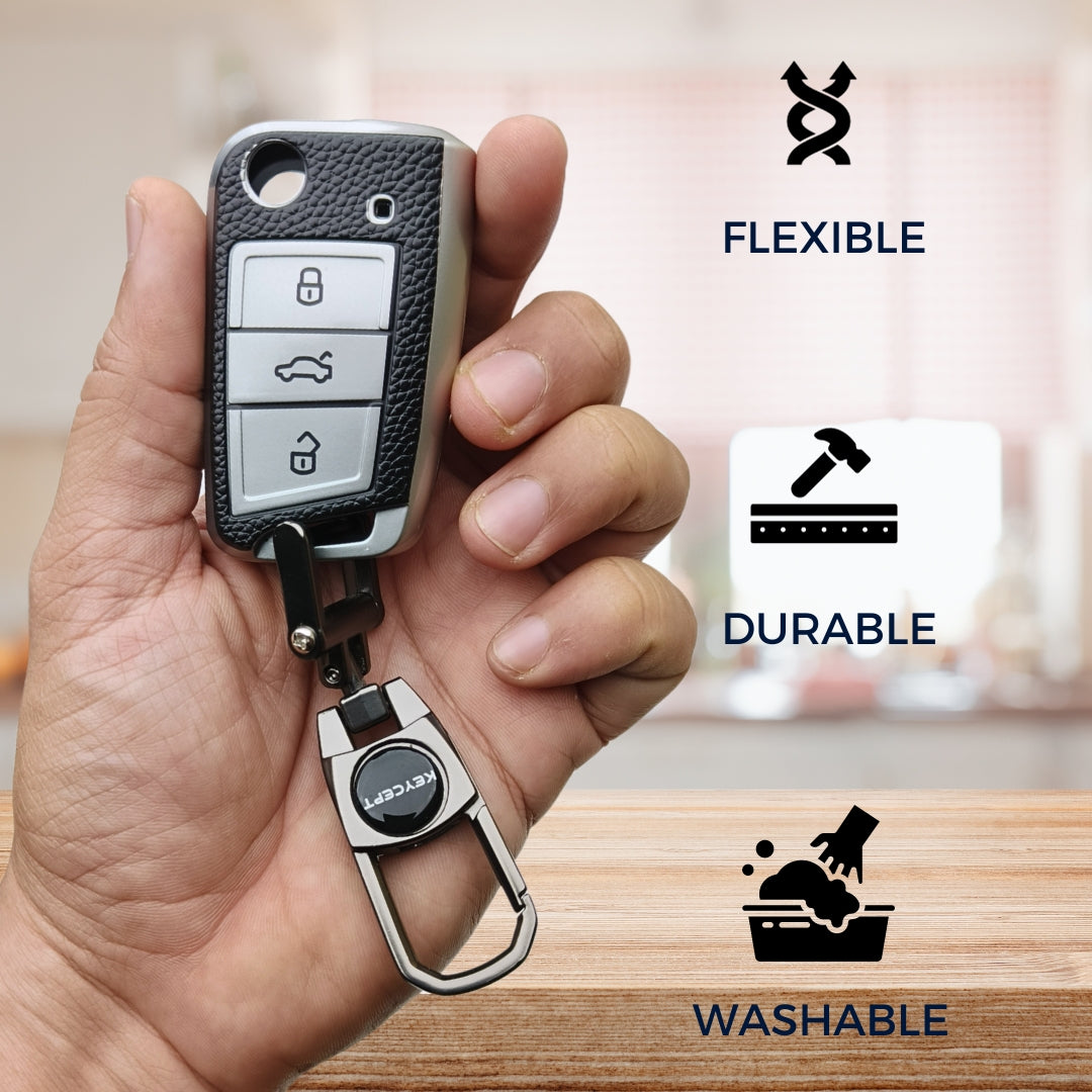 Skoda/Volkswagen TPU Leather Key Cover with Keychain. (Type 2)