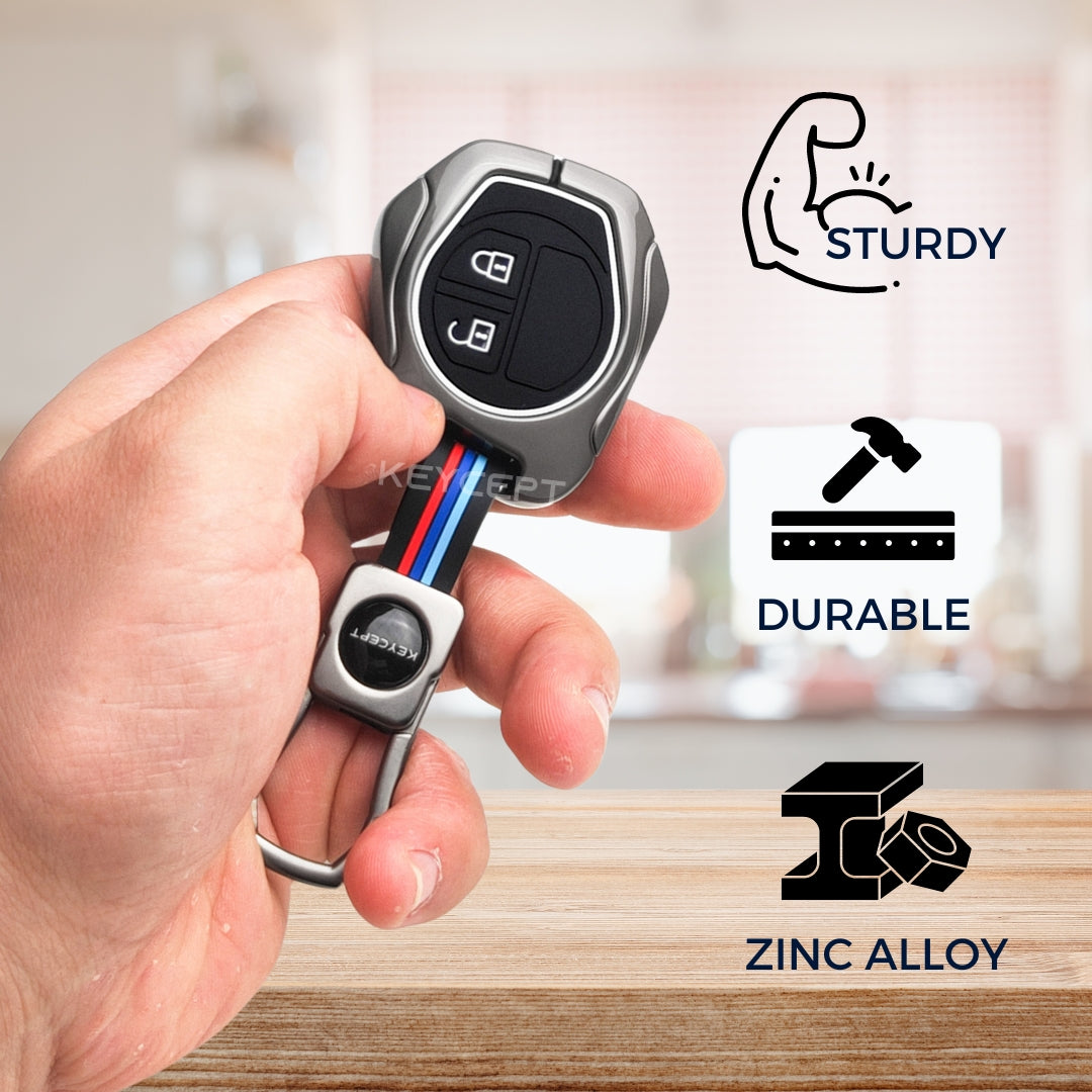 Keycept Metal Alloy Car Key Cover for Suzuki Swift, Dzire, Ertiga, Baleno, Celerio, WagonR, Ritz, Brezza, Scross, Alto, Fronx, XL6, Ciaz, Grand Vitara, Jimny, Alto K10, S Presso, WangoR, Ignis with Keychain (Dual Black & Tan)