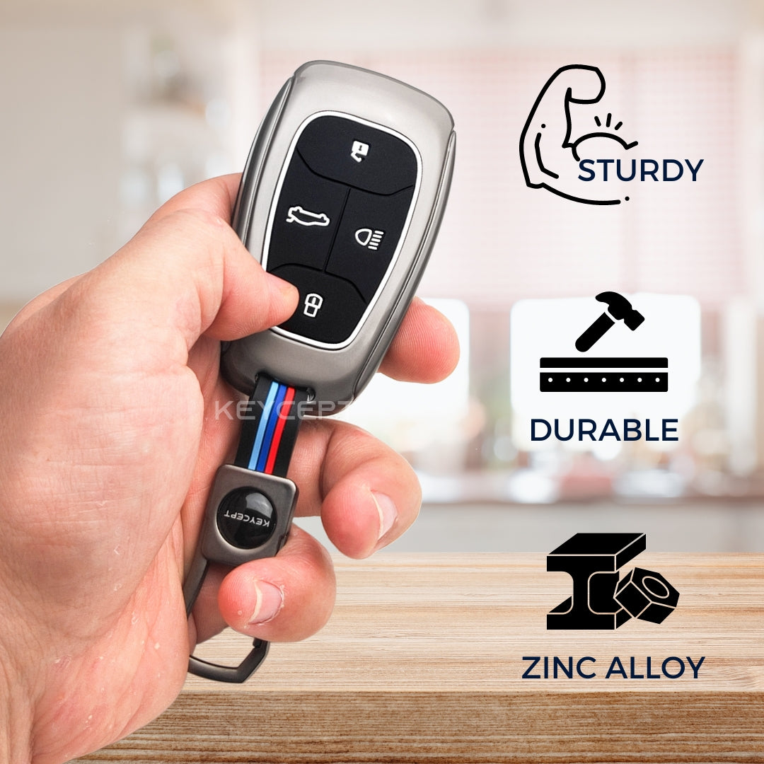 Keycept Metal Alloy Car Key Cover for Tata Nexon, Harrier, Safari, Altroz, Tigor, EV Electric, EV Max, Punch, Tiago Key Cover with Keychain (Dual Black & Tan)