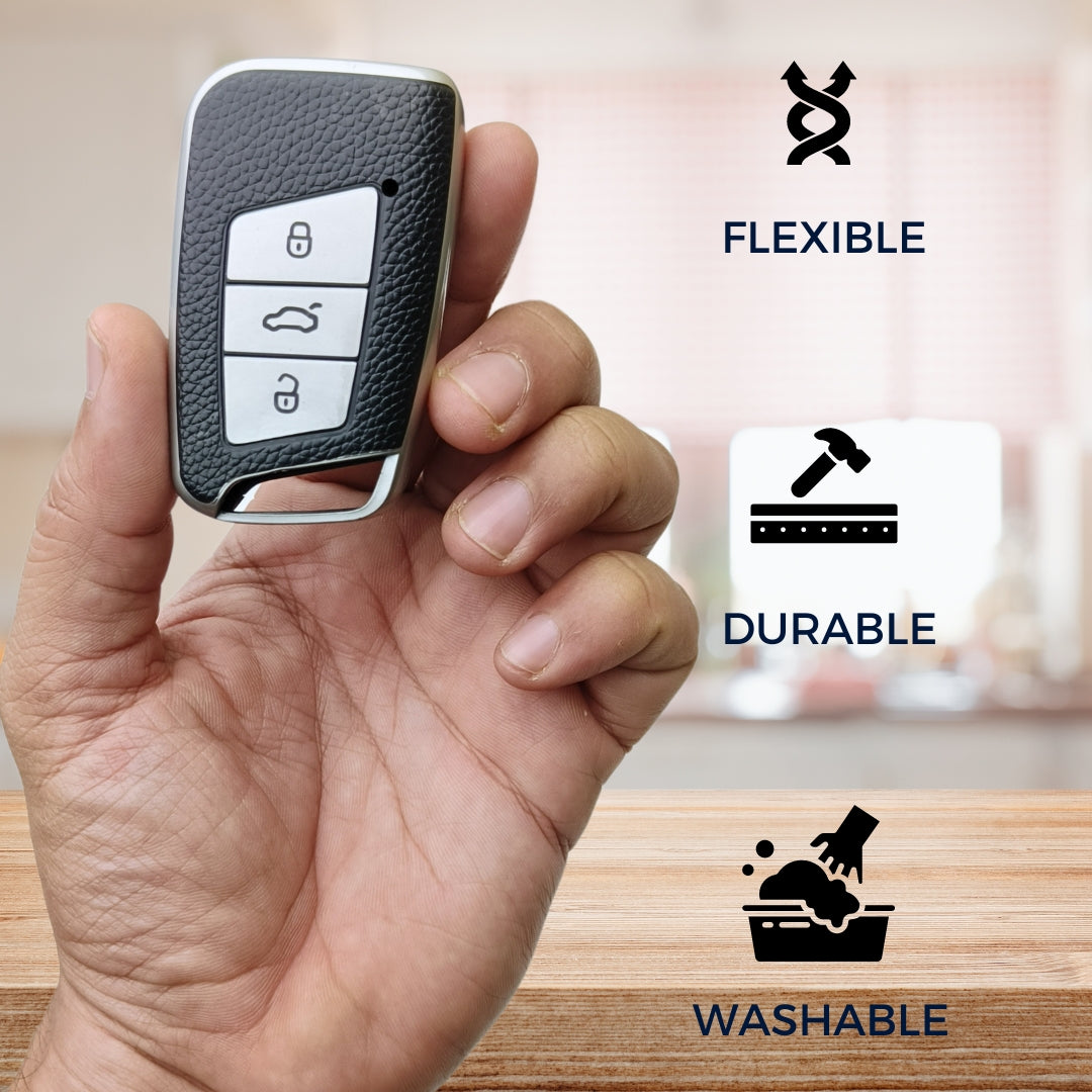 Skoda/Volkswagen TPU (Artificial) Leather Key Cover with Keychain. (Type 6)