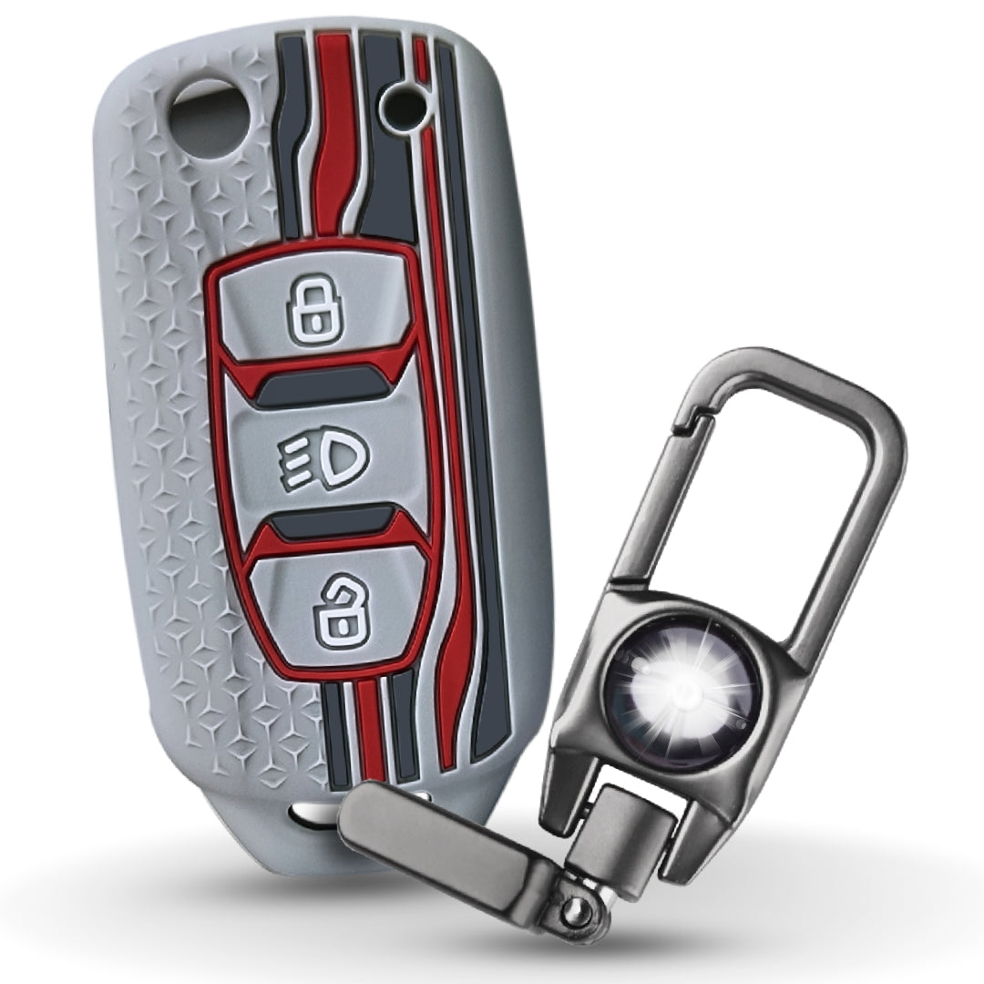 Grey Silicone key cover for Tata Tigor, Bolt, Nexon, Hexa, Zest, Tiago, Punch, Safari, Altroz, Storme 3 button Flip Key with keychain