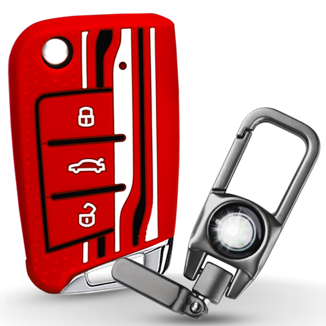 Keycept Tristar Silicone Car Key Cover for Skoda Kushaq, Octavia, Kodiaq, Superb, Slavia, Passat, Virtus, T Roc 3 Button Flip Key with Keychain (Type K8)