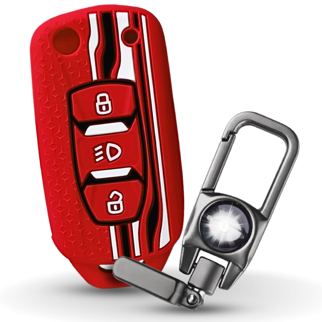 Red Silicone key cover for Tata Tigor, Bolt, Nexon, Hexa, Zest, Tiago, Punch, Safari, Altroz, Storme 3 button Flip Key with keychain