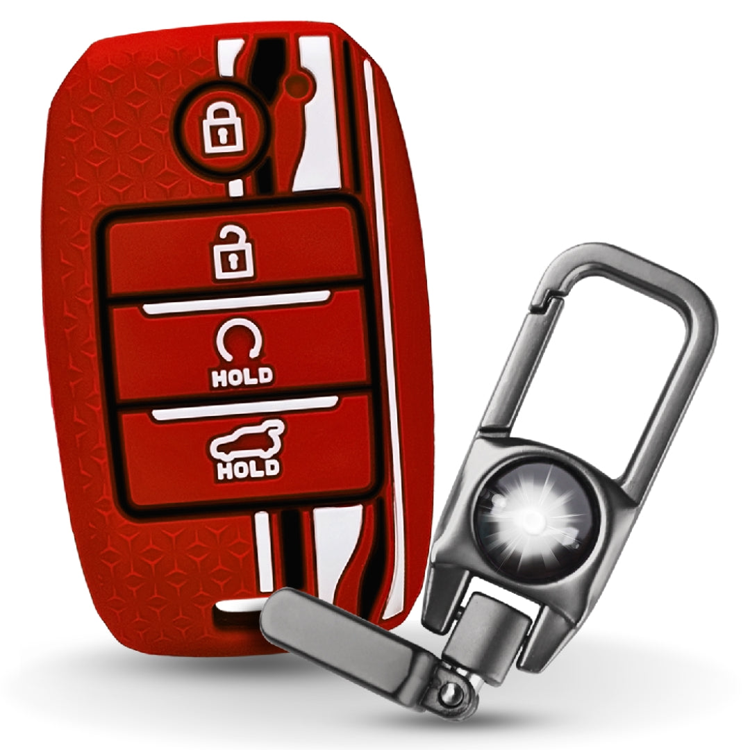 Red TriStar Silicone Key Cover for Kia Seltos 4 Button smart key with Keychain