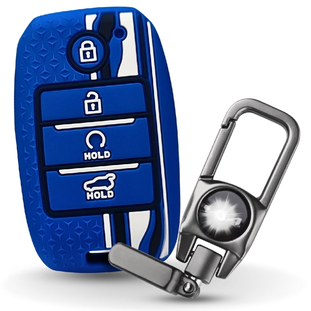 Blue TriStar Silicone Key Cover for Kia Seltos 4 Button smart key with Keychain