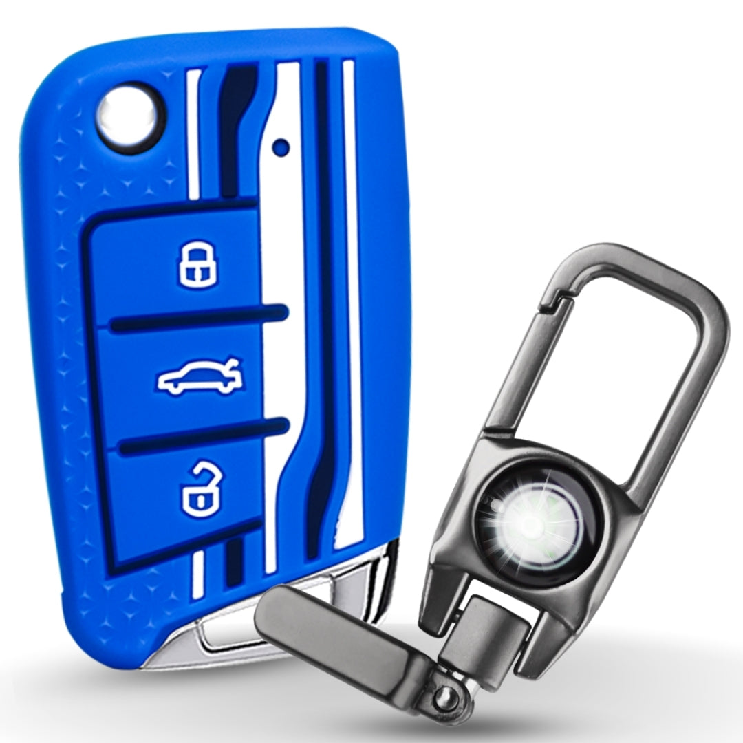 Keycept Tristar Silicone Car Key Cover for Skoda Kushaq, Octavia, Kodiaq, Superb, Slavia, Passat, Virtus, T Roc 3 Button Flip Key with Keychain (Type K8)