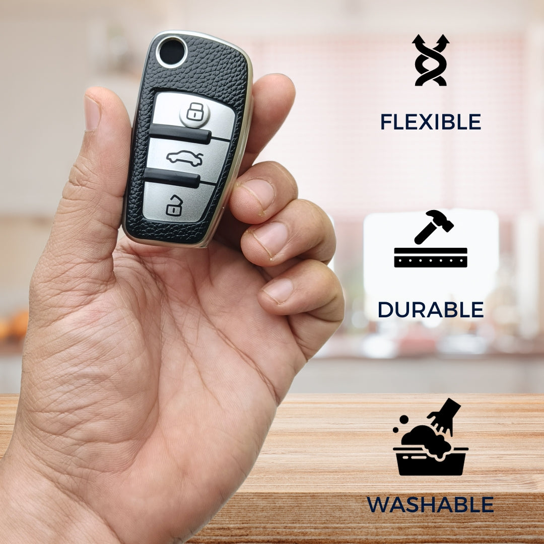 Silver TPU Lather Key Cover for A1, A3, A6, Q2, Q3, Q7, TT, TTS, R8, S3, S6, & RS3 3 button flip key With Keychain