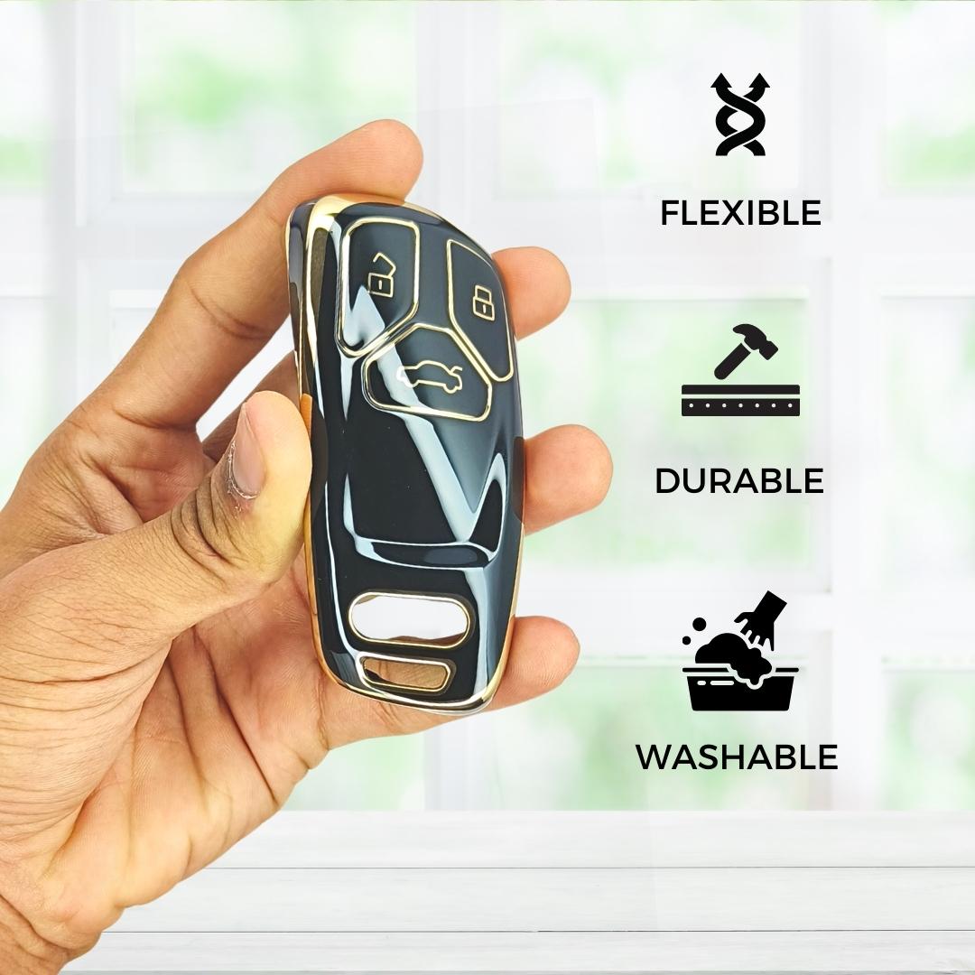 Black Gold Line TPU Key Cover for Audi A4, S4, B7, B8, A6, A5, A7, A8, Q5, S5, S6 & Q7 3 button smart key With Keychain