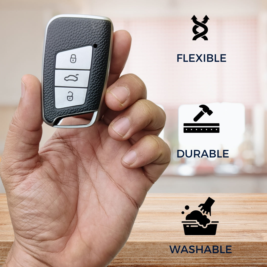 Skoda/Volkswagen TPU Leather Key Cover with Keychain. (Type 1)