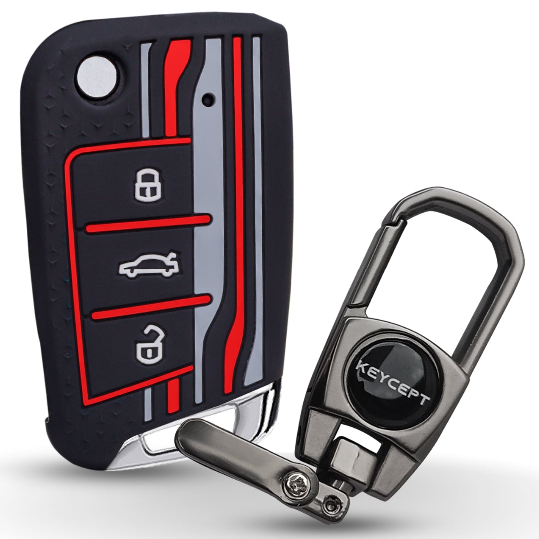 Keycept Tristar Silicone Car Key Cover for Skoda Kushaq, Octavia, Kodiaq, Superb, Slavia, Passat, Virtus, T Roc 3 Button Flip Key with Keychain (Type K2)