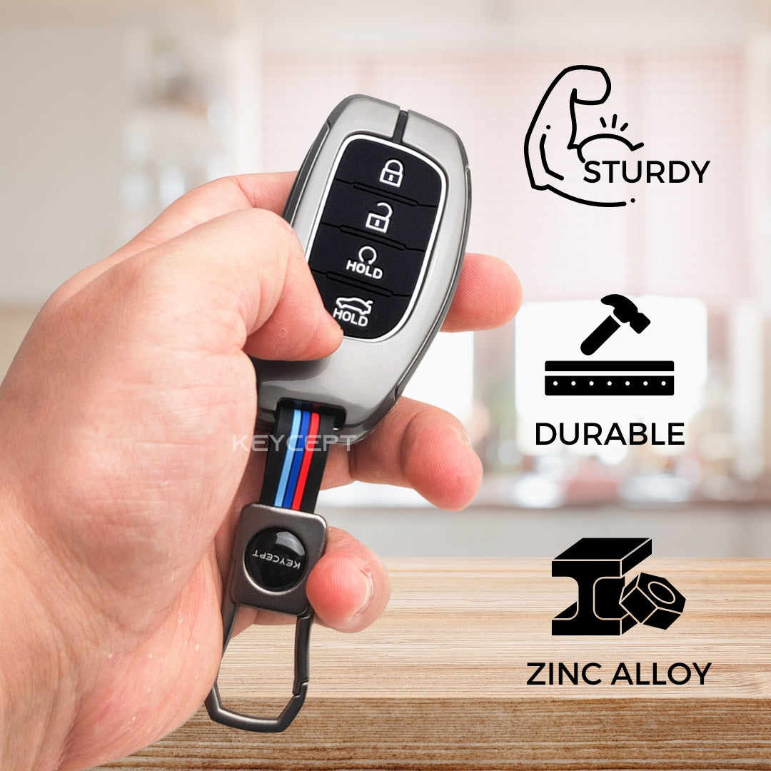 Keycept Metal Alloy Car Key Cover for Hyundai Alcazar, Creta, Tucson Key Cover with keychain (Dual Black & Tan)