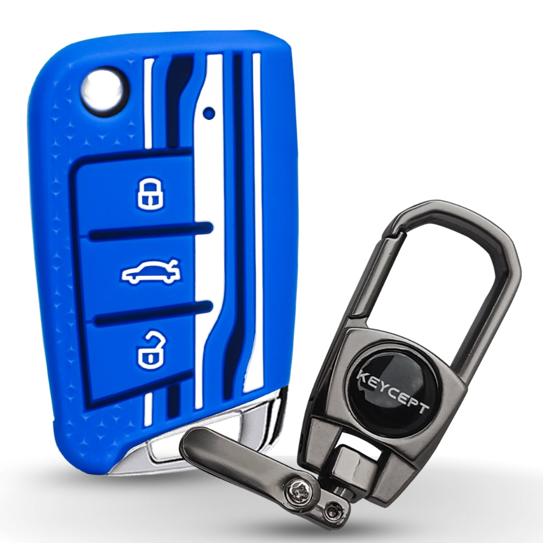 Keycept Tristar Silicone Car Key Cover for Skoda Kushaq, Octavia, Kodiaq, Superb, Slavia, Passat, Virtus, T Roc 3 Button Flip Key with Keychain (Type K2)