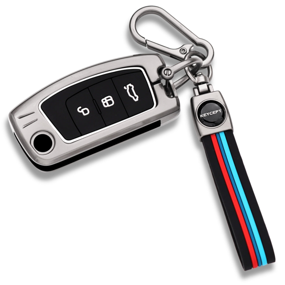 Metal Alloy Key Cover For Ford Fiesta, Figo, Old Ecosport 3 Button Flip Key with Keychain.