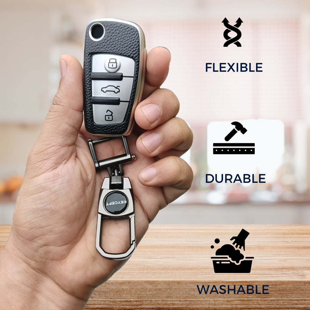 Silver TPU Lather Key Cover for A1, A3, A6, Q2, Q3, Q7, TT, TTS, R8, S3, S6, & RS3 3 button flip key With Keychain