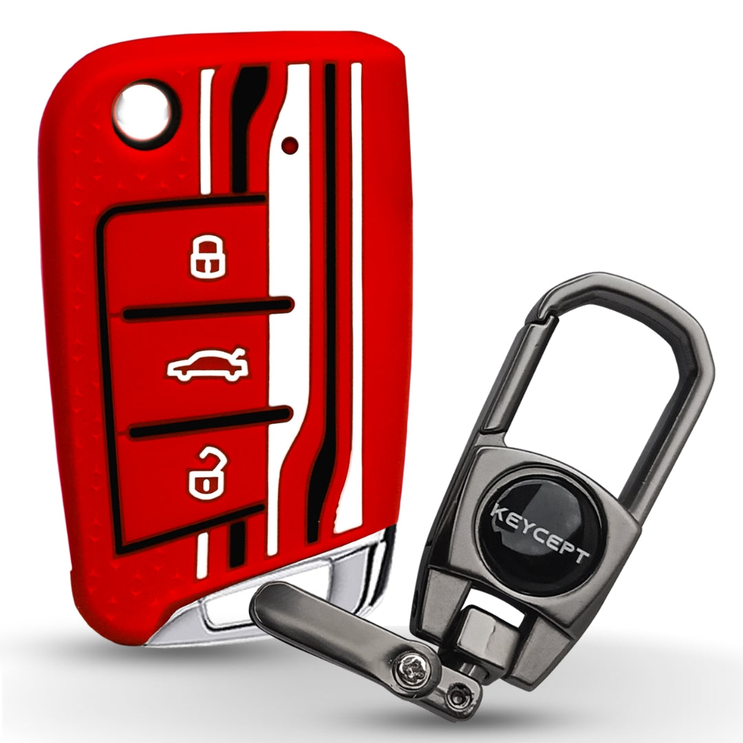 Keycept Tristar Silicone Car Key Cover for Skoda Kushaq, Octavia, Kodiaq, Superb, Slavia, Passat, Virtus, T Roc 3 Button Flip Key with Keychain (Type K2)