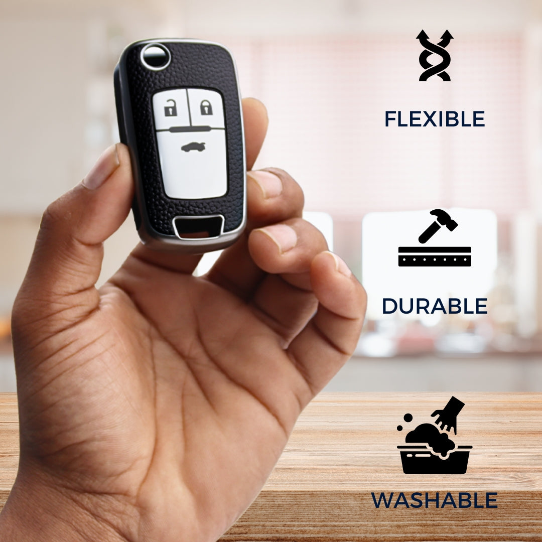 Keycept TPU Leather Car Key Cover for Chevrolet Cruze | Beat | Avio | Spark 3 Button Flip Key Only with keychain (Type K6)