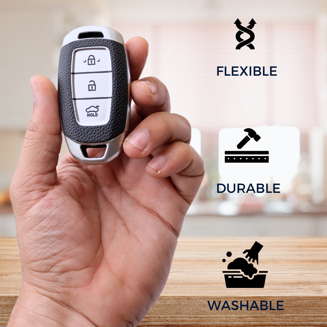 Hyundai TPU (Artificial) Leather Key Cover and Keychain. (Type 7)