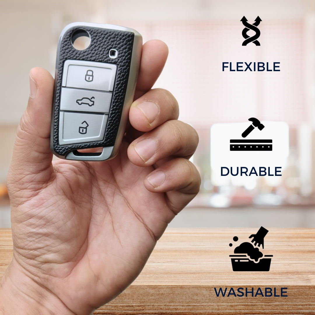 Skoda/Volkswagen TPU Leather Key Cover with Keychain. (Type 1)
