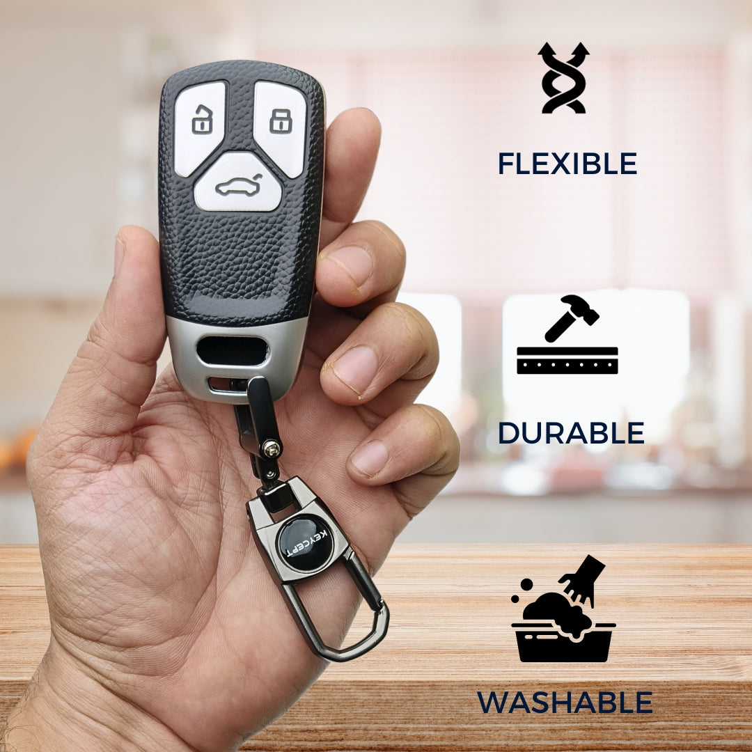 Silver TPU Leather Key Cover for Audi A4, S4, B7, B8, A6, A5, A7, A8, Q5, S5, S6, Q7 3 button smart key With Keychain