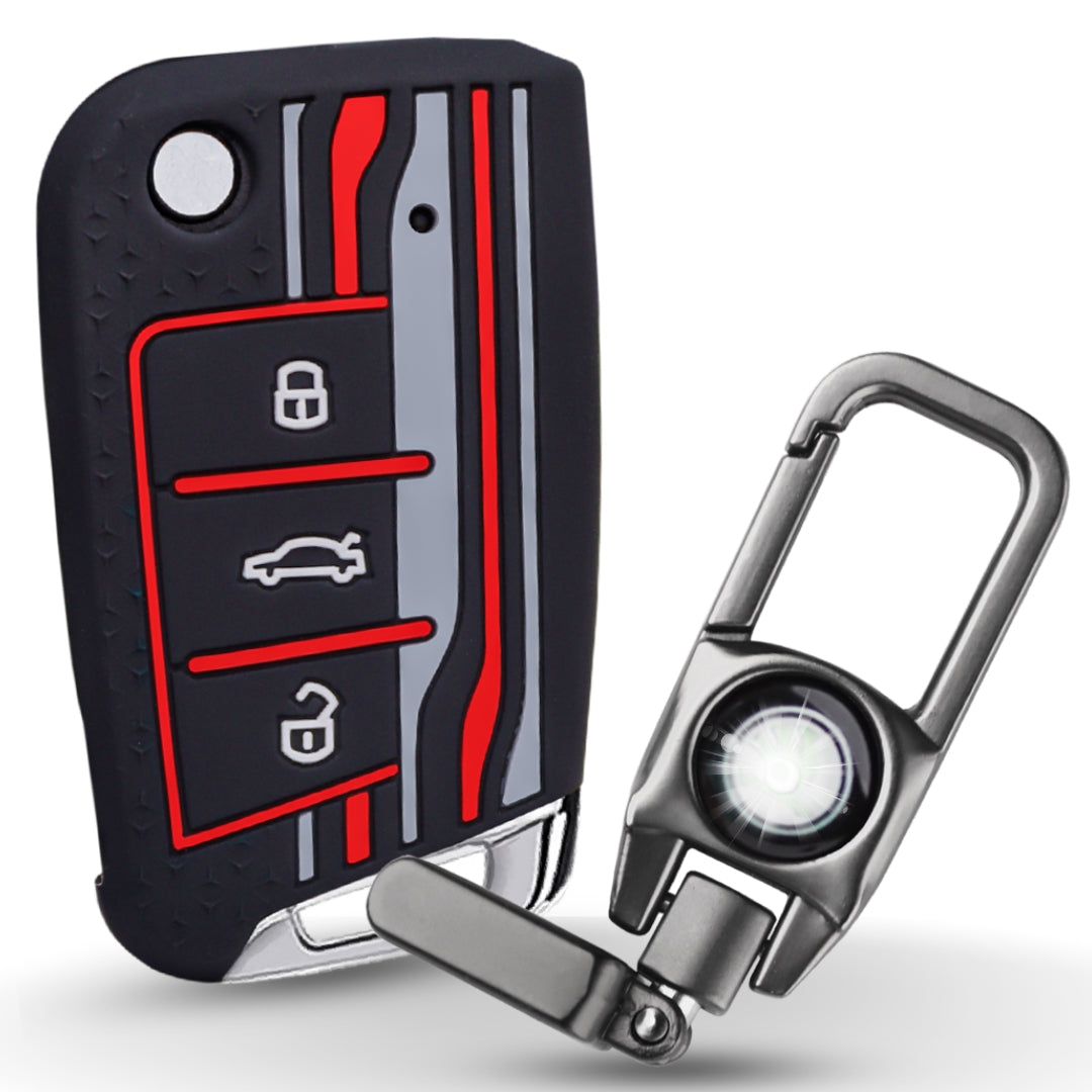 Keycept Tristar Silicone Car Key Cover for Skoda Kushaq, Octavia, Kodiaq, Superb, Slavia, Passat, Virtus, T Roc 3 Button Flip Key with Keychain (Type K8)