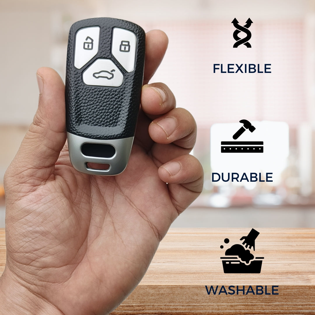 Audi TPU (Artificial) Leather Key Cover and Keychain (Type 7)