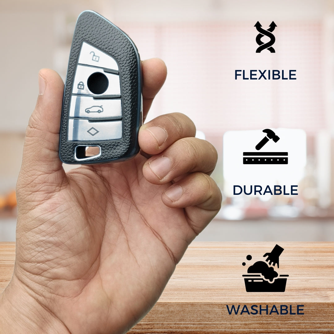 BMW TPU Leather Key Cover With Keychain. (Type 1)