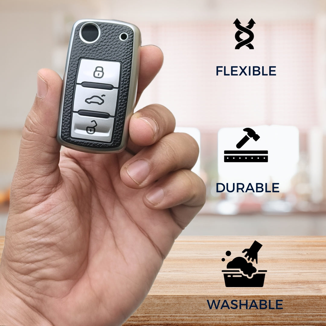 Skoda/ Volkswagen TPU Leather Key Cover with Keychain. (Type 1)