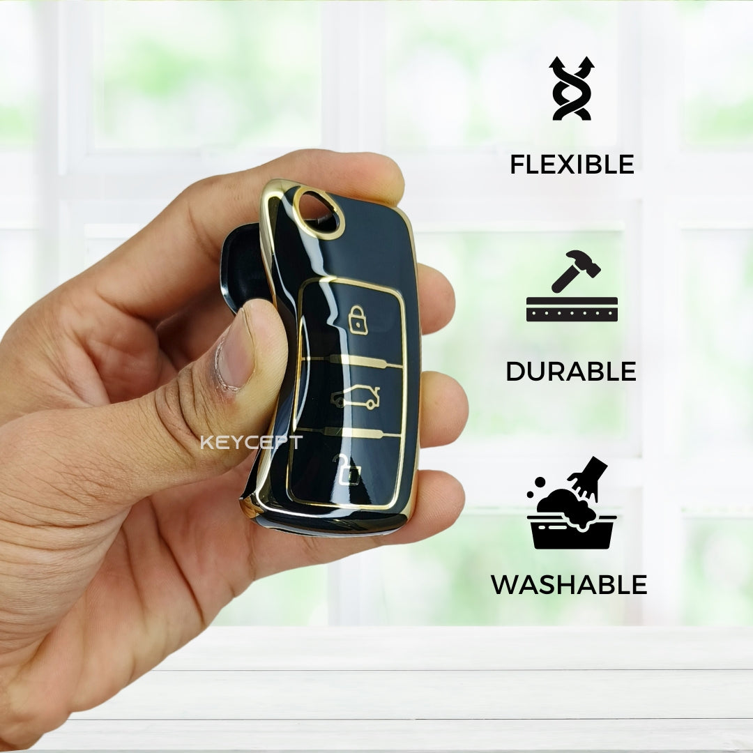 skoda octavia laura fabia 3 button flip key tpu black gold key case keychain