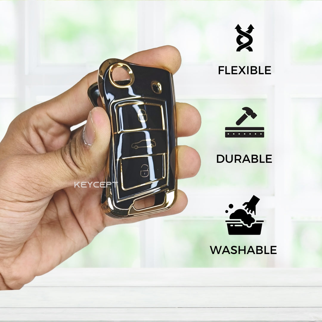 skoda kushaq octavia slavia kodiaq 3 button flip tpu black gold key cover case keychain