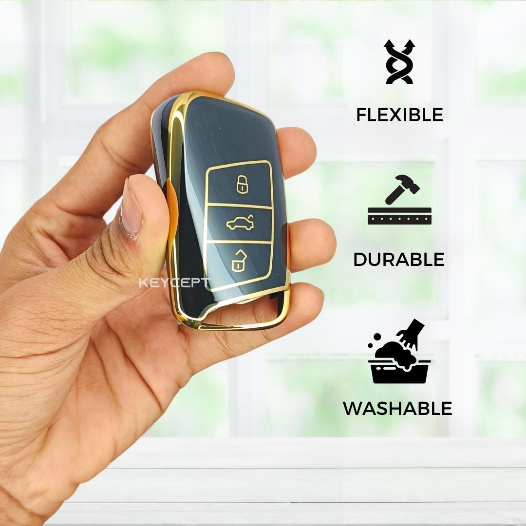 skoda kushaq smart 3 button tpu black gold key cover keychain