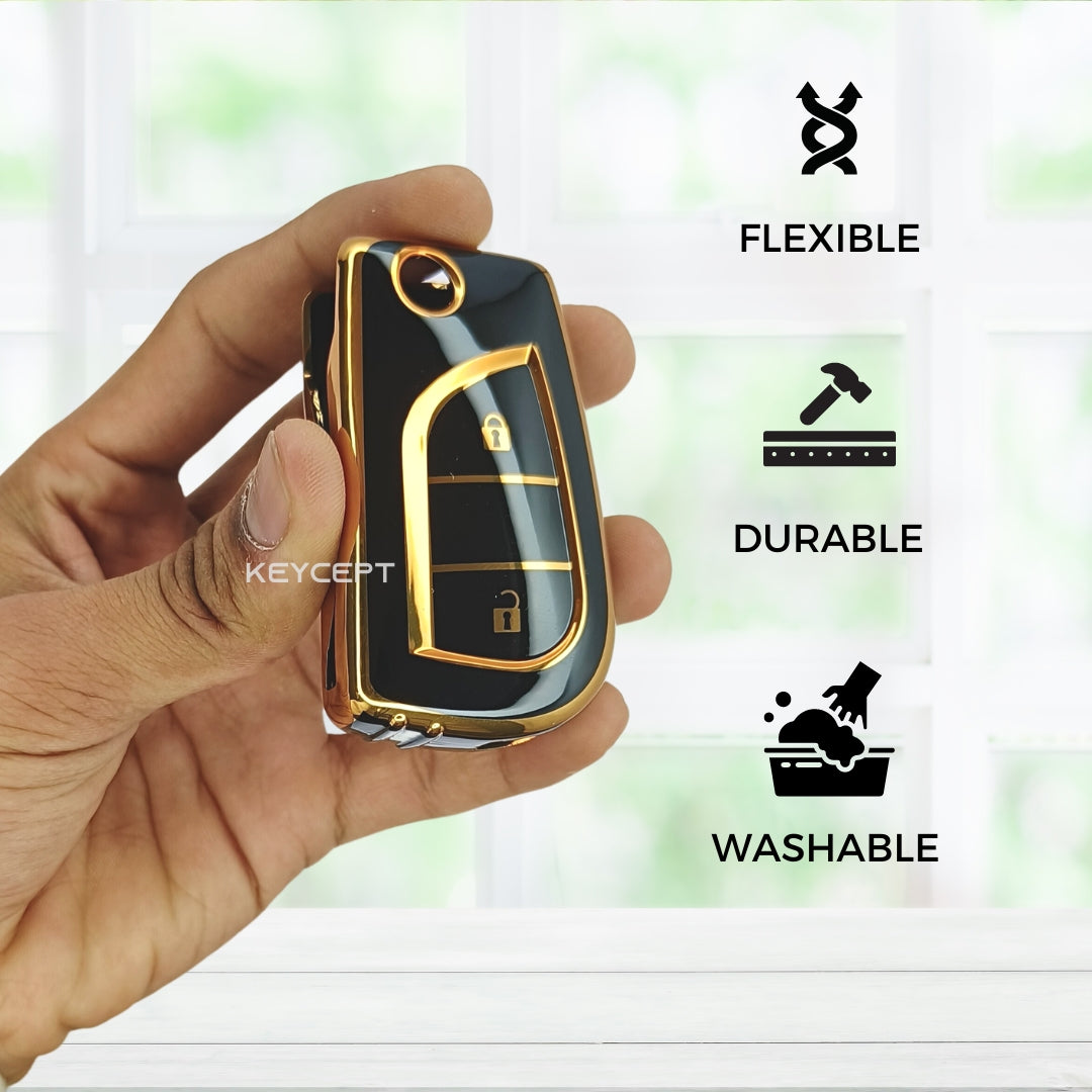 toyota corolla innova crysta 2 button flip tpu black gold key case keychain