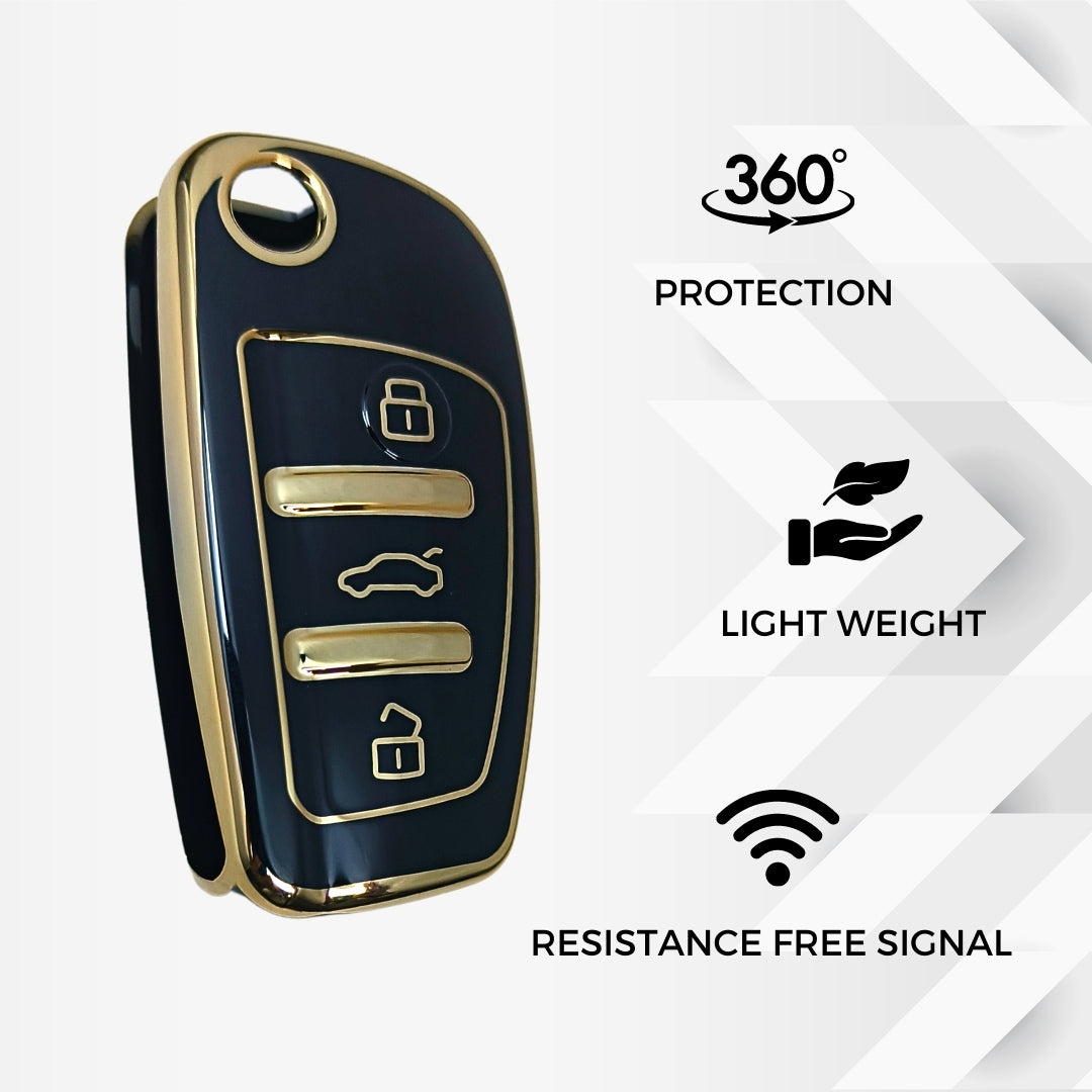 Black Gold Line TPU Key Cover for Audi A1, A3, A6, Q2, Q3, Q7, TT, TTS, R8, S3, S6, RS 3 button flip key