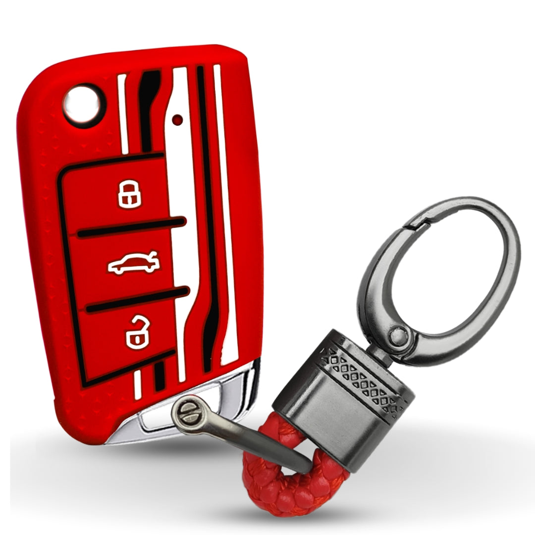 Keycept Tristar Silicone Car Key Cover for Skoda Kushaq, Octavia, Kodiaq, Superb, Slavia, Passat, Virtus, T Roc 3 Button Flip Key with Keychain (Type K4)
