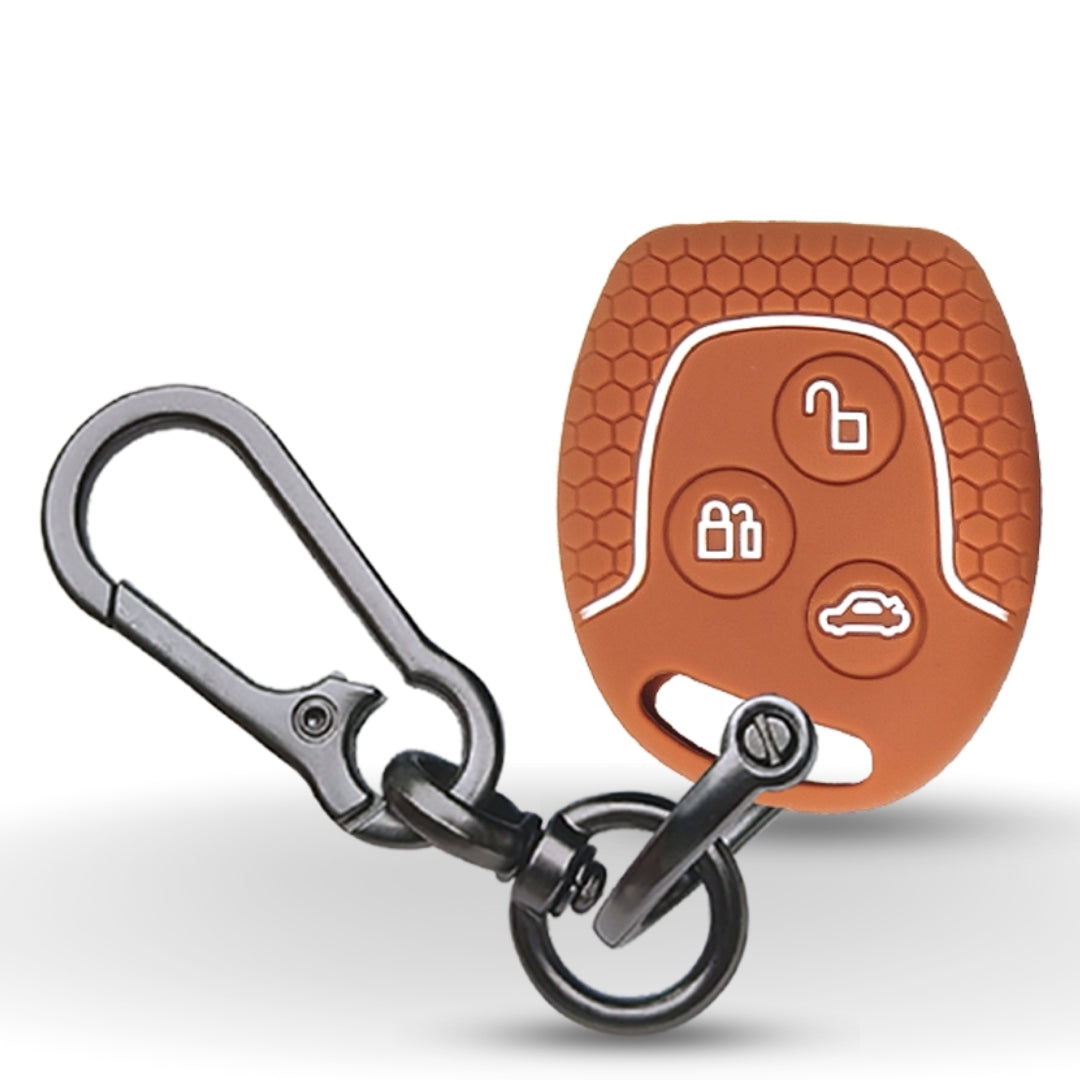 Brown Silicone key Cover for Ford Fiesta, Fusion, Figo with 3 button remote key with keychain