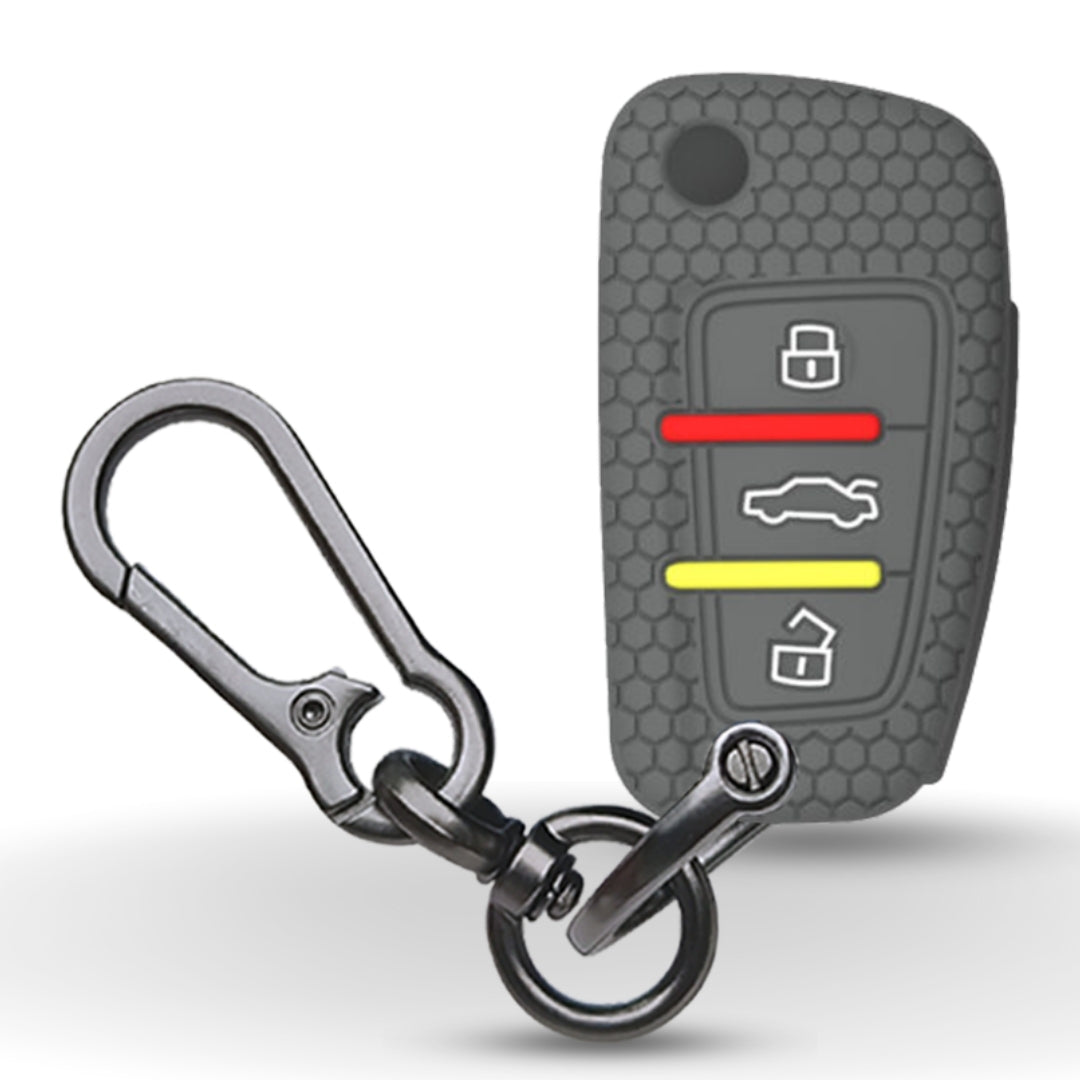 Grey Silicone key cover for Audi R8, S3, S6, and RS3 with keychain