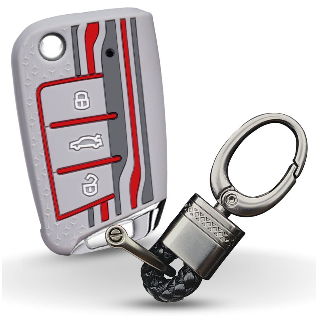 Keycept Tristar Silicone Car Key Cover for Skoda Kushaq, Octavia, Kodiaq, Superb, Slavia, Passat, Virtus, T Roc 3 Button Flip Key with Keychain (Type K4)