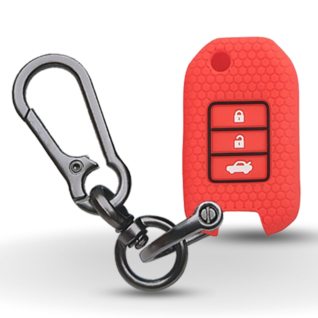 Red Silicone key cover for Honda City, WR-V with flip key with keychain