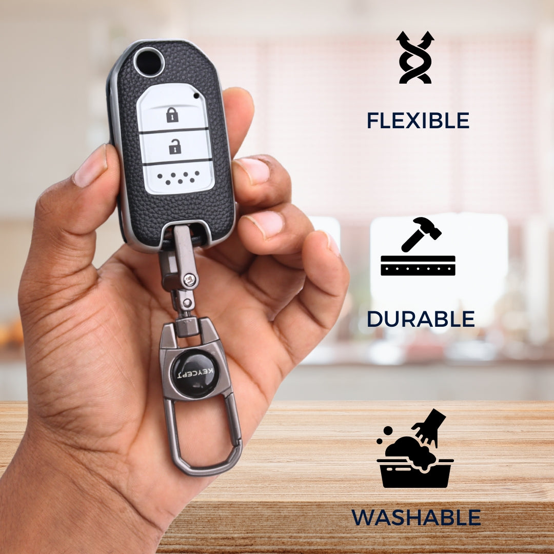 Keycept TPU Leather Car Key Cover for Honda City, WR-V 2 Button Flip Key with keychain (Type K2)