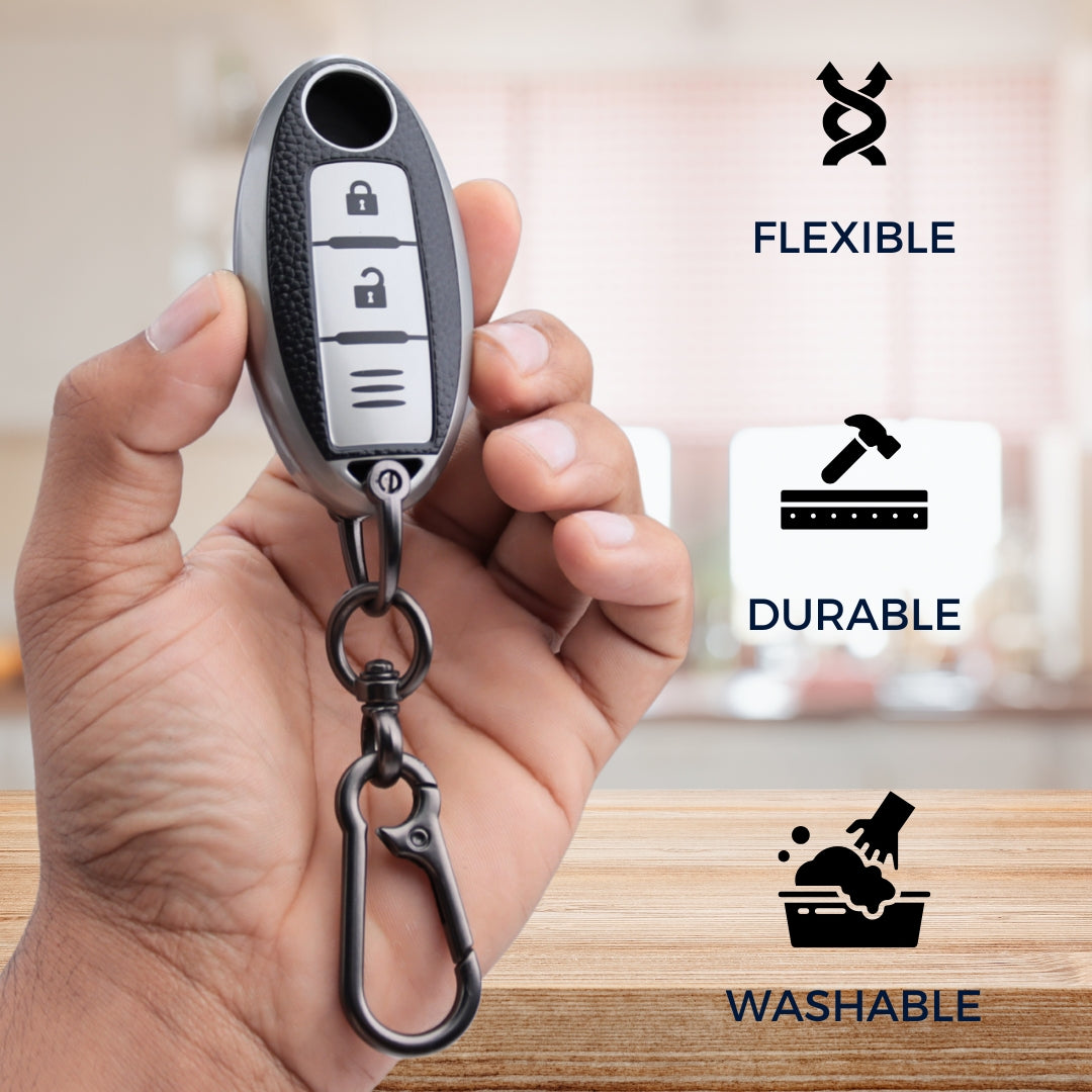 TPU Leather Key Cover Nissan Micra, Sunny, Teana, Magnite 2 button Smart Key with Keychain.